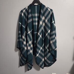 Plaid Open-Front Poncho Shawl